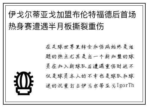 伊戈尔蒂亚戈加盟布伦特福德后首场热身赛遭遇半月板撕裂重伤
