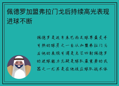 佩德罗加盟弗拉门戈后持续高光表现进球不断
